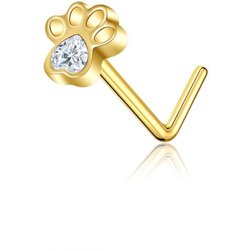 14K Gold Heart Cubic Zirconia & Personalized Birthstone Paw L Shaped Nose Ring