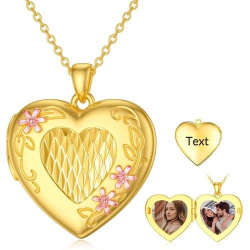 14K Gold Heart Personalized Photo Locket Necklace with Engraved Word