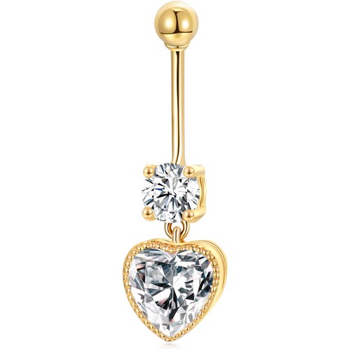 14K Yellow Gold Milgrain Heart Cz Dangle Belly Button Ring For Women