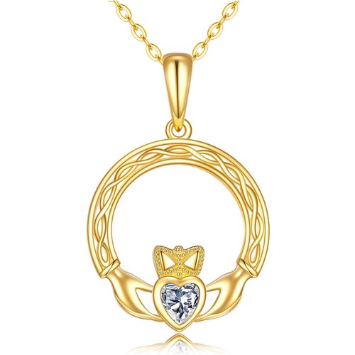 14K Gold Heart Cubic Zirconia Celtic Knot Pendant Necklace For Women