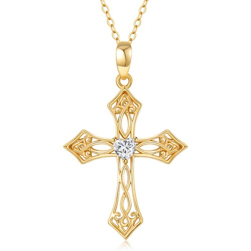 14K Gold Heart Shaped Cubic Zirconia Cross Pendant Necklace