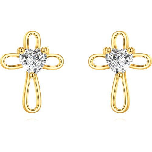14K Gold Heart Shaped Cubic Zirconia Cross Stud Earrings