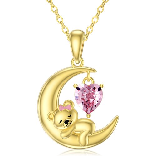 14K Gold Heart Shaped Crystal Bear & Moon Pendant Necklace