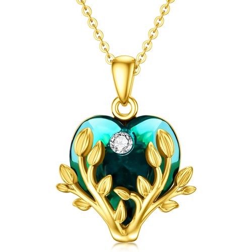 9K Gold Heart Shaped Crystal Tree Of Life Pendant Necklace