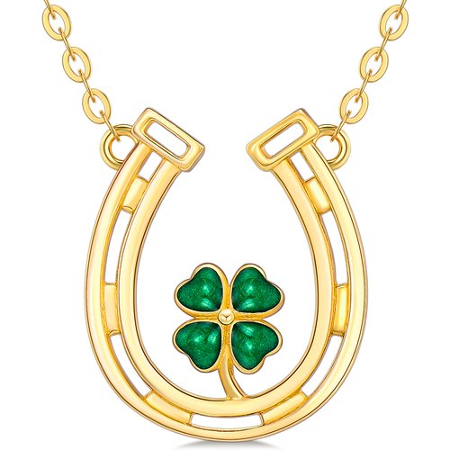 14K Gold Heart Shaped Cubic Zirconia Four Leaf Clover & Horseshoe Pendant Necklace