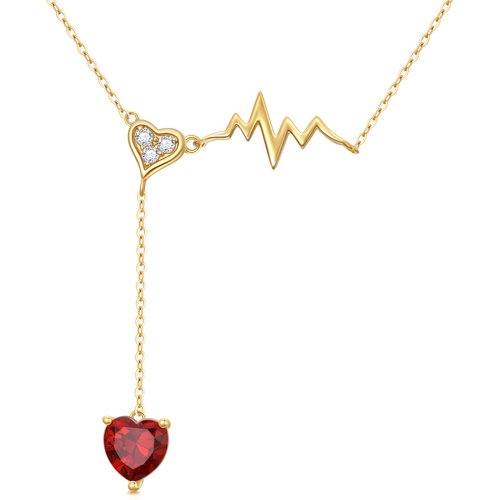 14K Gold Heart Garnet Electrocardiogram Pendant Necklace For Women