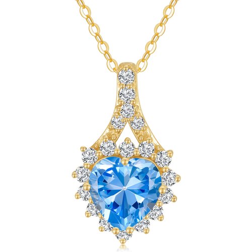 14K Gold Heart Shaped Halo Topaz Drop Pendant Necklace