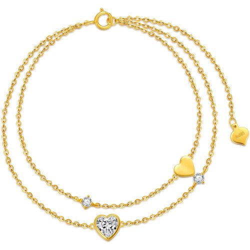 14K Gold Heart Cubic Zirconia Layerered Bracelet For Women