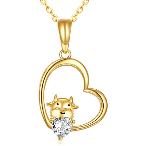 14K Gold Heart Moissanite Cow Pendant Necklace For Women