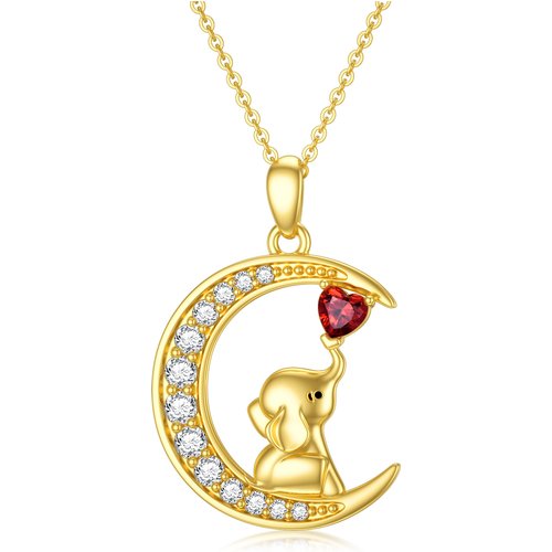 14K Gold Heart Shaped Moissanite Elephant & Moon Pendant Necklace
