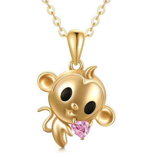 14K Gold Heart Shaped Cubic Zirconia Monkey Pendant Necklace