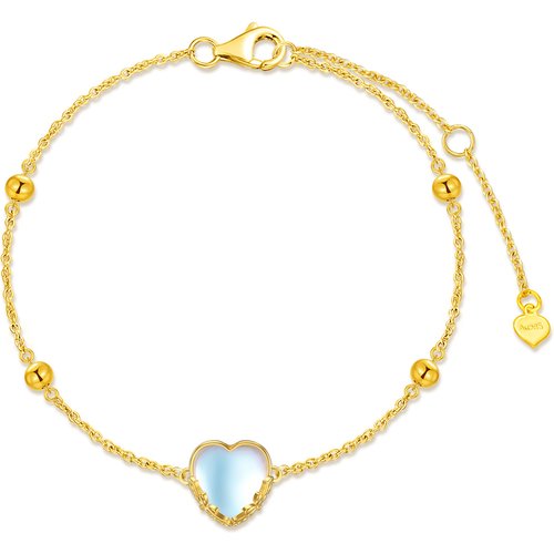 14K Gold Heart Moonstone Charm Bracelet For Women