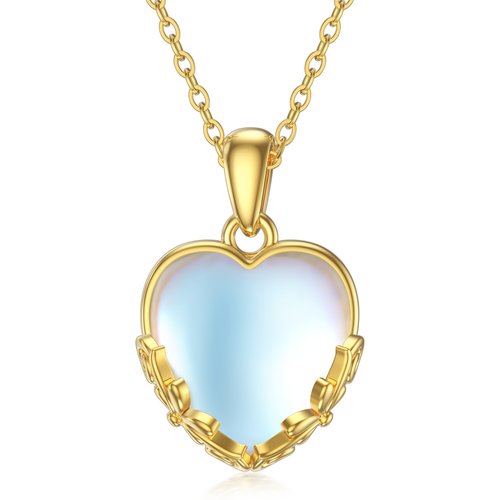14K Yellow Gold Heart Moonstone Pendant Necklace For Women