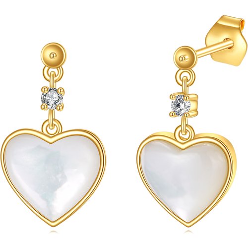 14K Gold Heart Mother Of Pearl Drop Earrings For Women