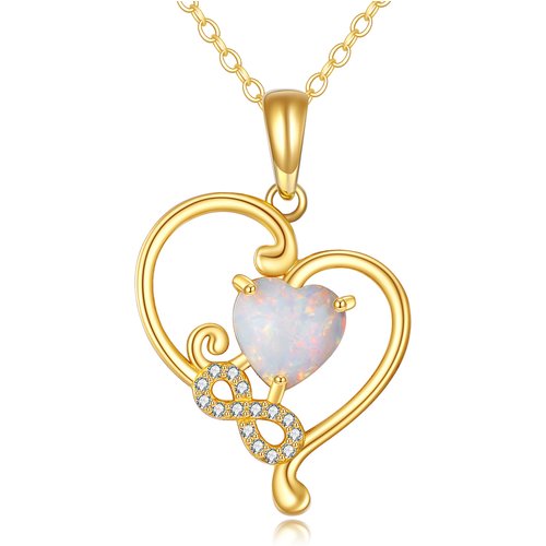 14K Gold Heart Opal Interlocking Hearts & Infinity Symbol Pendant Necklace For Women