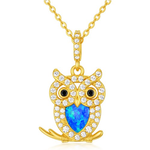 14K Gold Heart Shaped Opal Owl Pendant Necklace