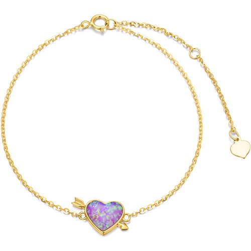14K Gold Heart Opal Charm Bracelet For Women