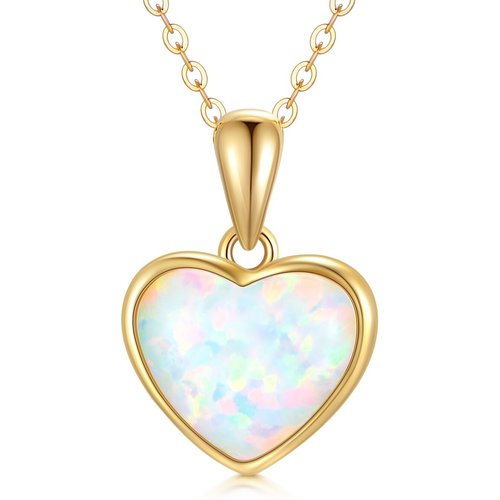 14K Gold Heart Opal Pendant Necklace For Women