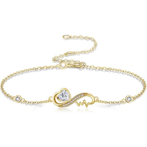 14K Gold Heart Cubic Zirconia Charm Bracelet For Women