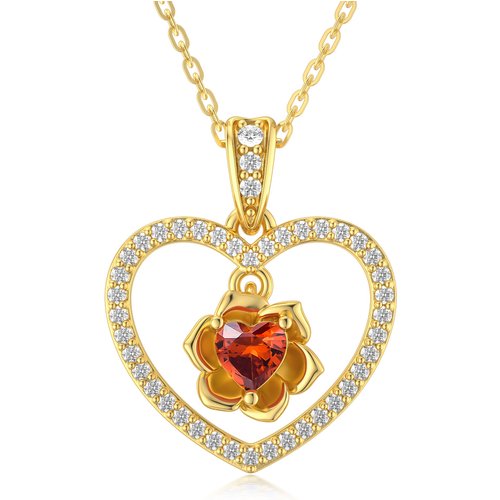 14K Gold Heart Cubic Zirconia Rose & Heart Pendant Necklace For Women