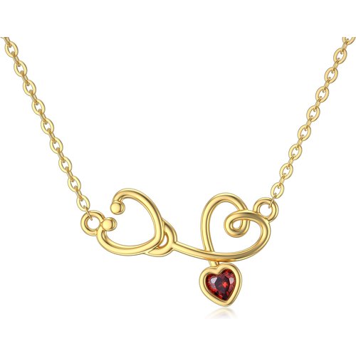 14K Gold Heart Cubic Zirconia Heart Stethoscope Pendant Necklace For Women