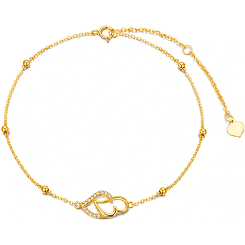 14K Gold Cubic Zirconia Interlocking Hearts Single Layer Bead Station Chain Bracelet For Women Best Friend