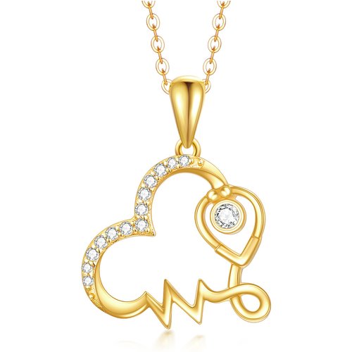14K Gold Cubic Zirconia Heart Stethoscope & Electrocardiogram Pendant Necklace