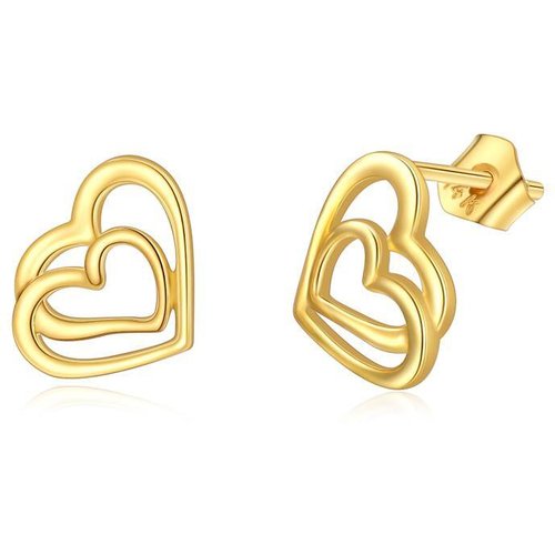 14K Gold Heart With Heart Stud Earrings For Women