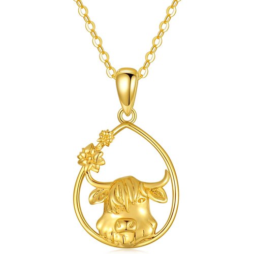 14K Gold Highland Cow & Drop Shape Pendant Necklace