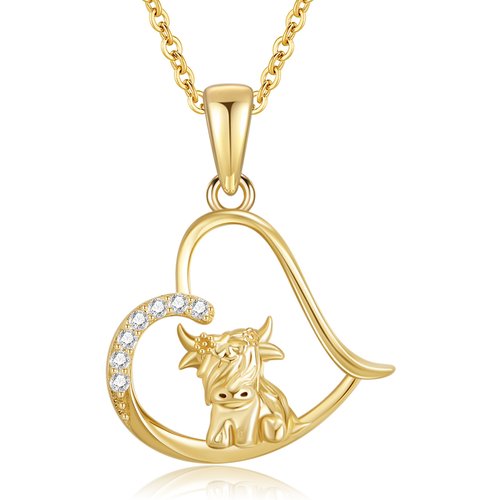 14K Gold Cubic Zirconia Highland Cow & Heart Pendant Necklace