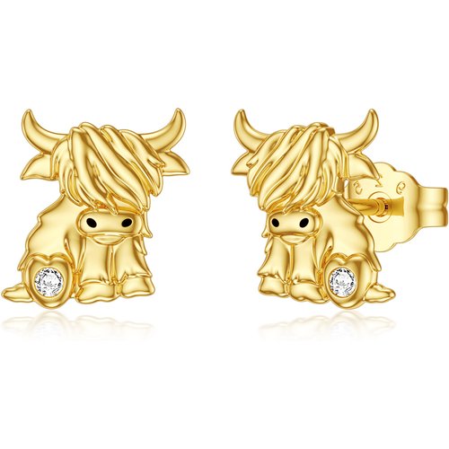 14K Gold Cubic Zirconia Highland Cow & Heart Stud Earrings