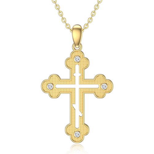 14K Gold Cubic Zirconia Hollow Cloud Cross Pendant Necklace