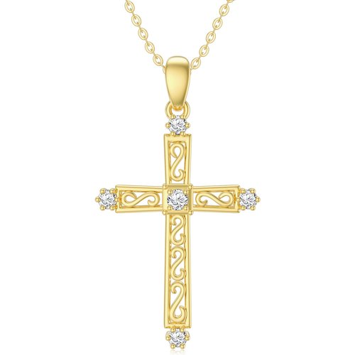 14K Gold Cubic Zirconia Hollow Cross Pendant Necklace