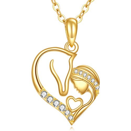 14K Gold Cubic Zirconia Horse & Heart Necklace for Women