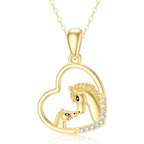 14K Gold Cubic Zirconia Horse & Heart Pendant Necklace