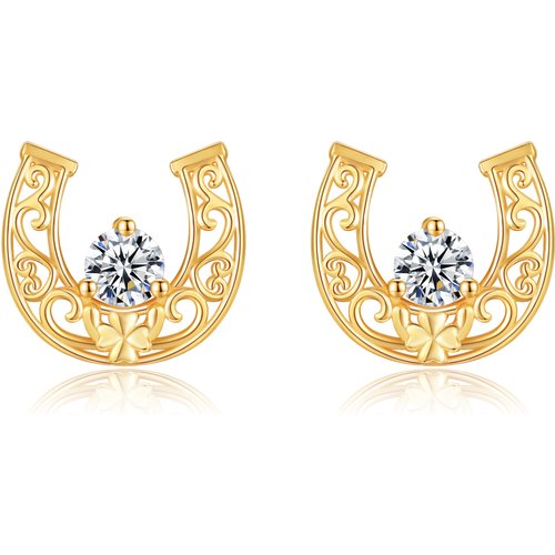 14K Gold Cubic Zirconia Horseshoe Stud Earrings
