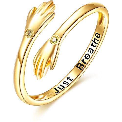 14K Gold Cubic Zirconia Hug Open Ring with Engraved Word