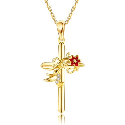 14K Gold Cubic Zirconia Hummingbird & Cross Pendant Necklace