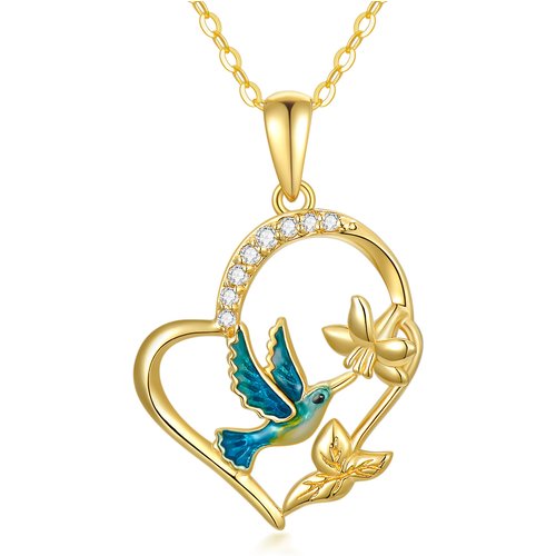 14K Gold Cubic Zirconia Hummingbird & Daffodil Heart Pendant Necklace