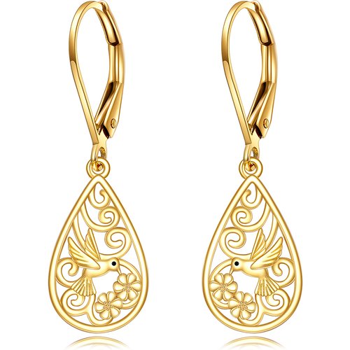 14K Gold Hummingbird Drop Earrings For Women