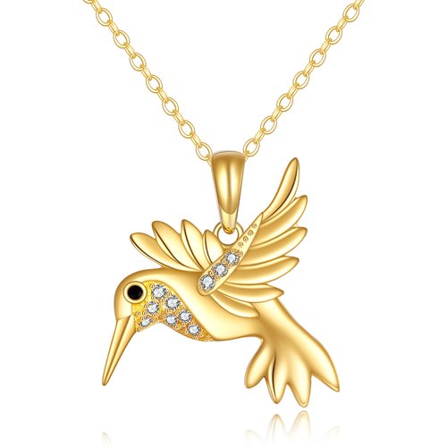 14K Gold Cubic Zirconia Hummingbird Pendant Necklace