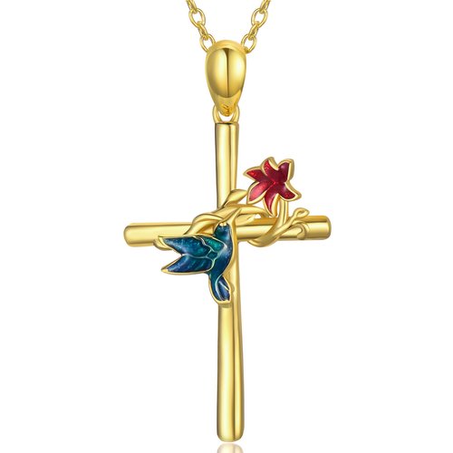 14K Gold Hummingbird & Wildflowers & Cross Pendant Necklace