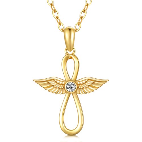14K Gold Cubic Zirconia Infinite Symbol & Angel Wings Pendant Necklace