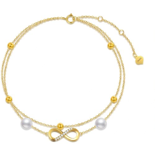 14K Gold Cubic Zirconia Pearl Bead Infinity Symbol Multi-layered Charm Anklet