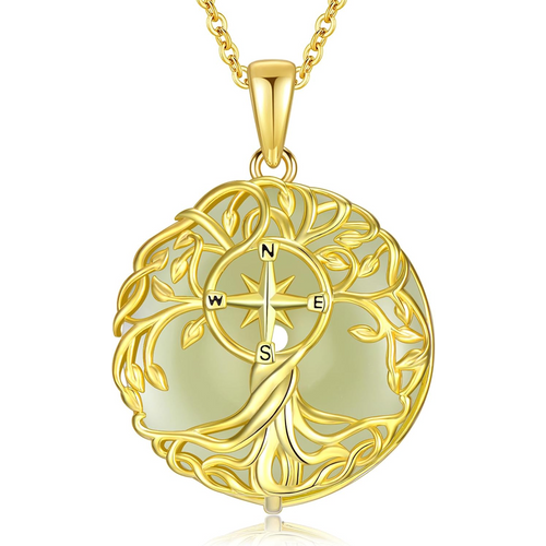 Gold Vermeil Jade Tree Of Life & Compass Pendant Necklace