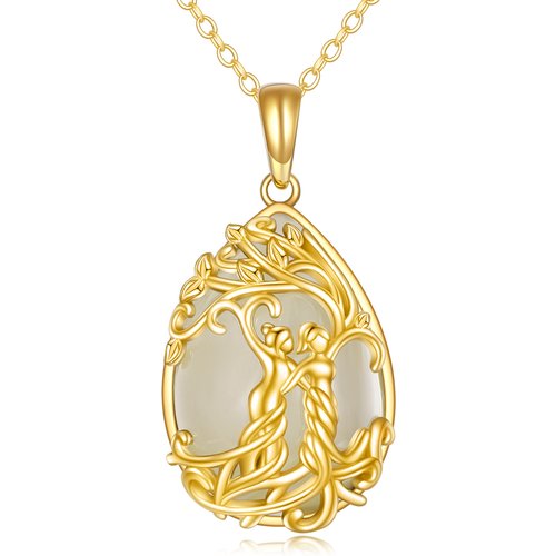 14K Gold Jade Tree Of Life & Sisters Pendant Necklace