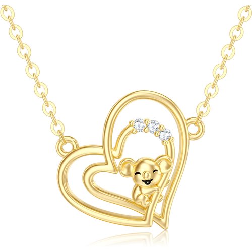 14K Gold Cubic Zirconia Koala & Heart Pendant Necklace For Women