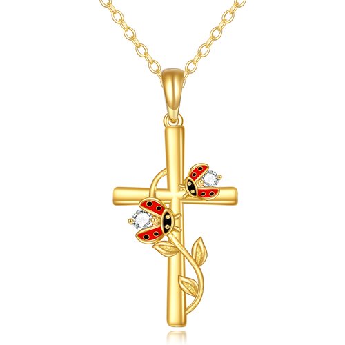 14K Gold Cubic Zirconia Ladybug & Cross Pendant Necklace