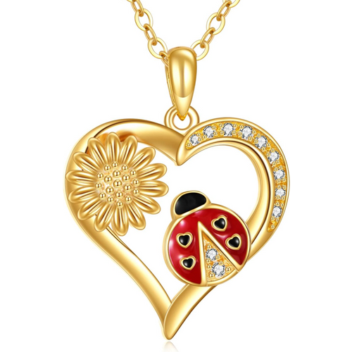 14K Gold Ladybug Wildflowers Heart Necklace for Women