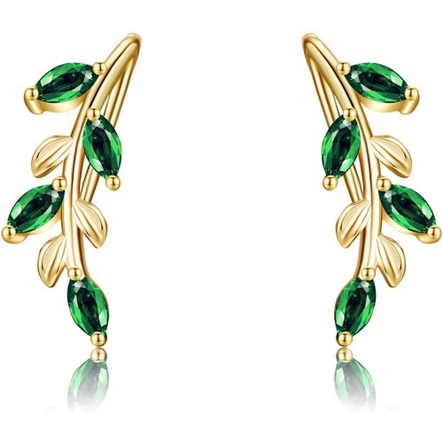 14K Gold Cubic Zirconia Leaves Climber Earrings